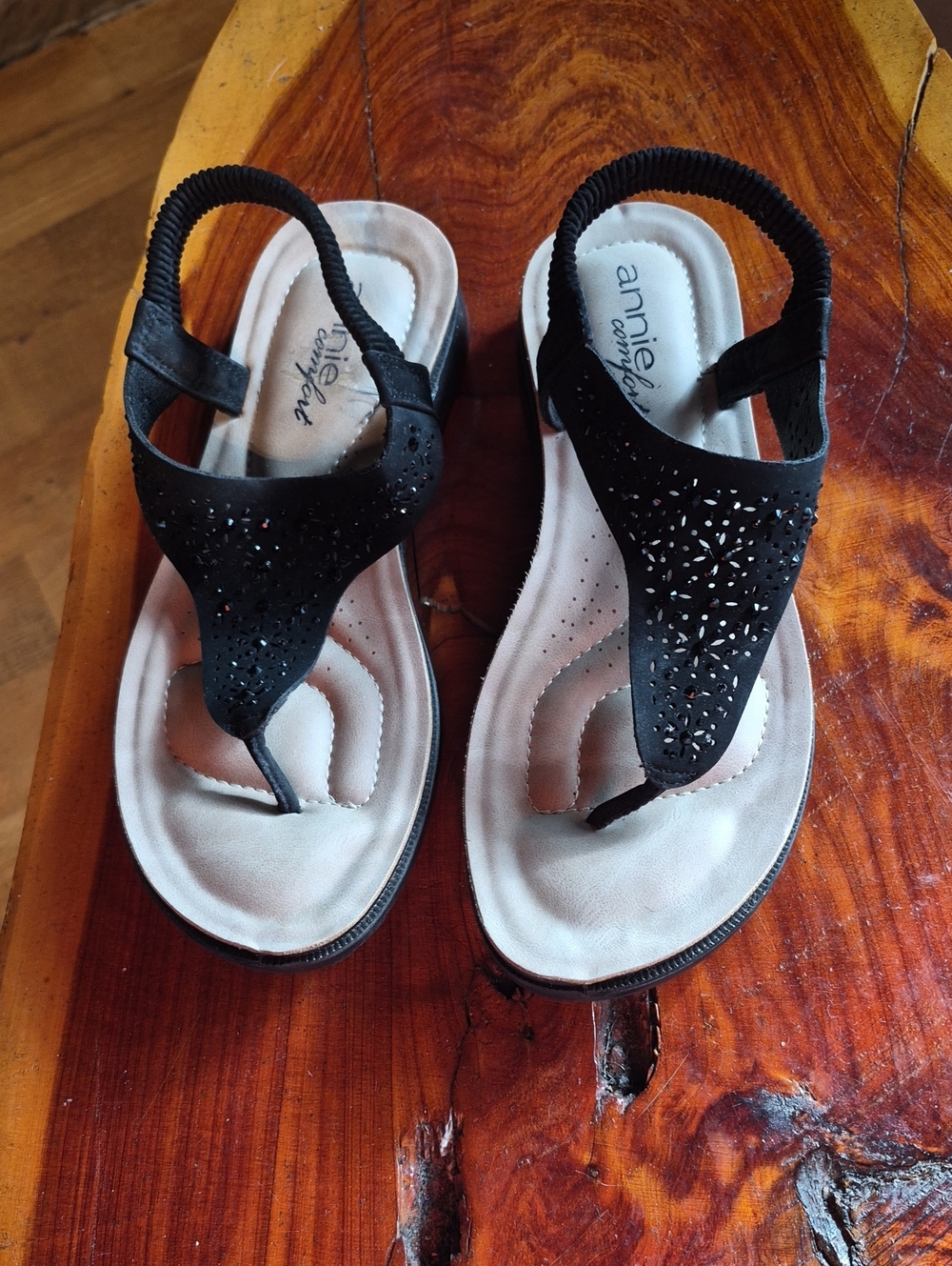 Annie Black Laser-Cut Thong Sandals with Elastic Back